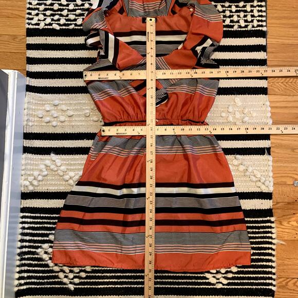 A Byer Dress Multi Stripe V neck Flounce Ruffle Sleeveless Dress Coral Orange M - Picture 10 of 10